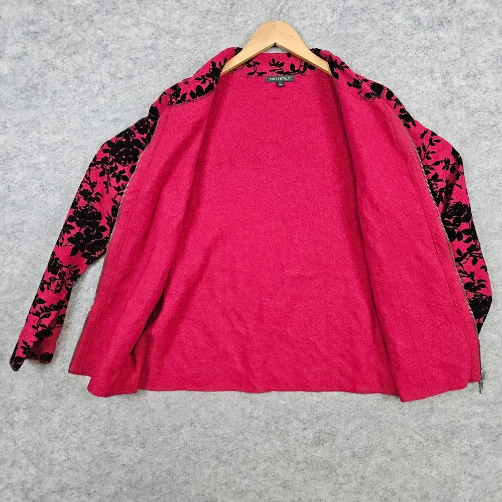 For Cynthia Womens Pink & Black Floral Print Wool Blend Zip Up Cardigan Size M